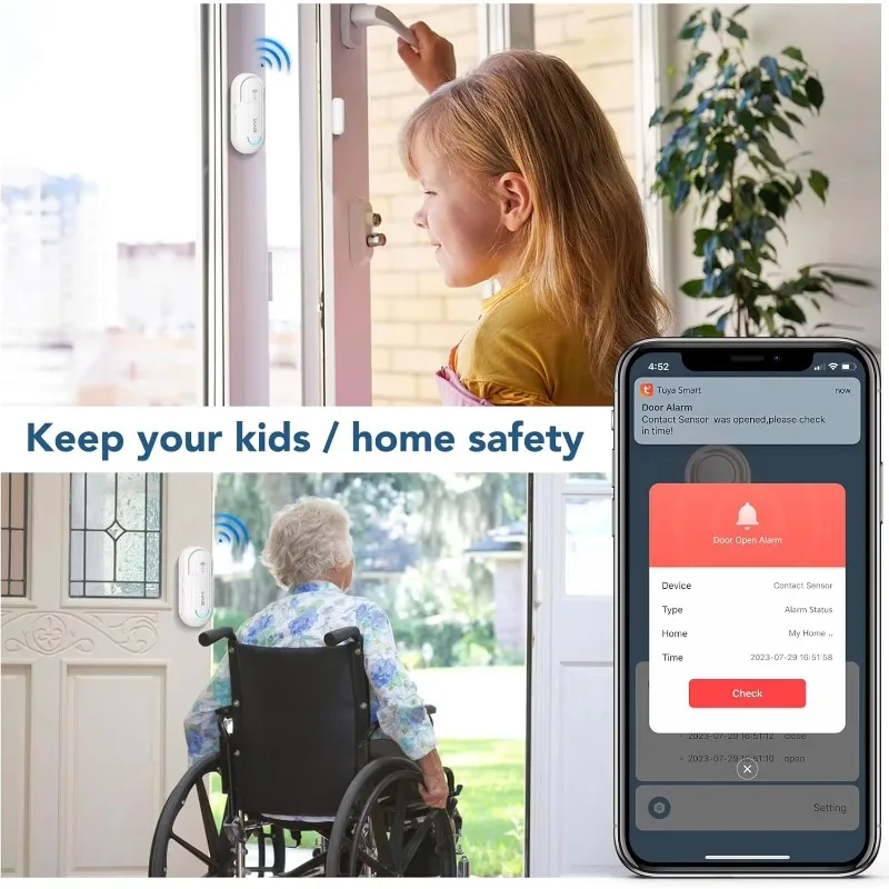 WiF Window Alarm 0-120dB 4 Modes Open No Hub Required Trigger Phone Alert with   Assistant