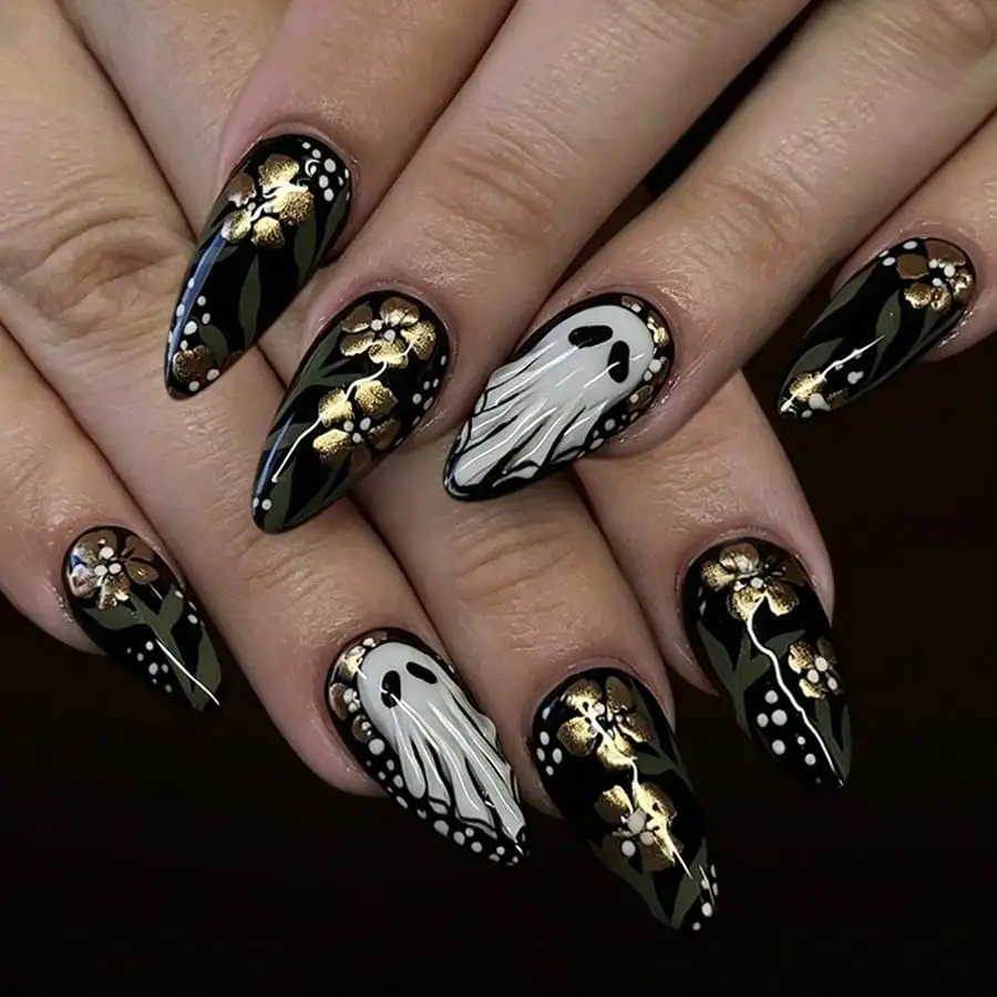 Medium-Sized, Glossy, Water-Drop-Shaped Nail Tips In A Dark, European And American Style, Featuring 3D Resin Decorations, Cute Ghost And Flower Designs, Perfect For Halloween, 24 Pieces