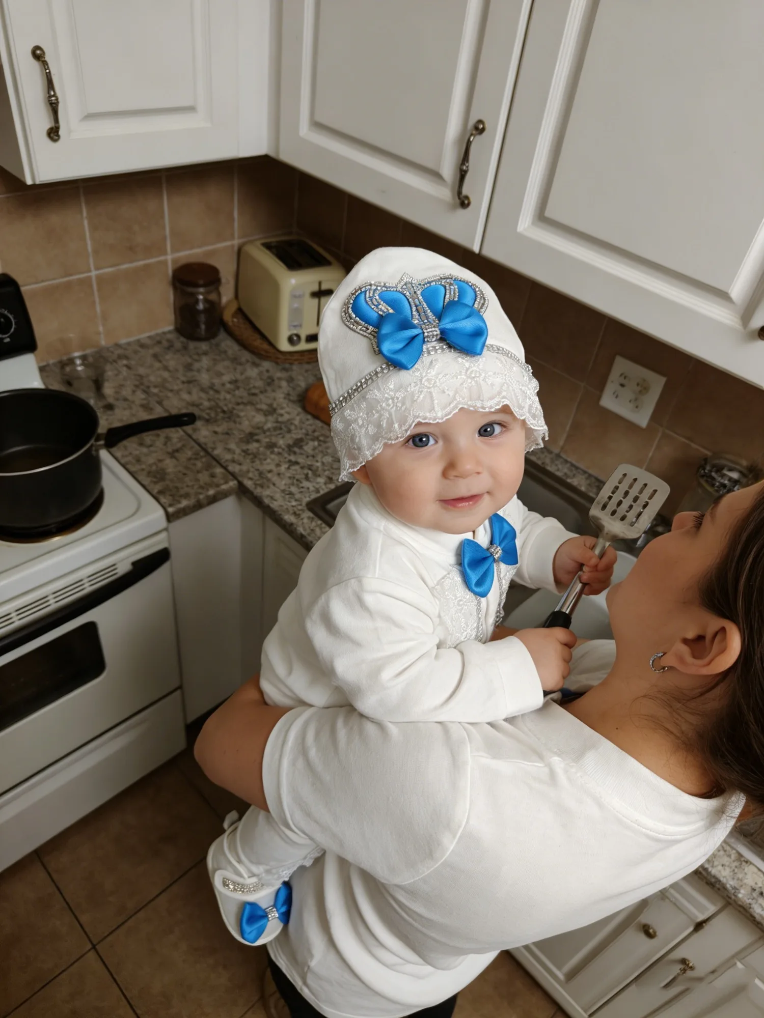Baby Boy White Blue Crown Lace Tuxedo Set - Onesie Hat Shoes with Rhinestone & Bowtie