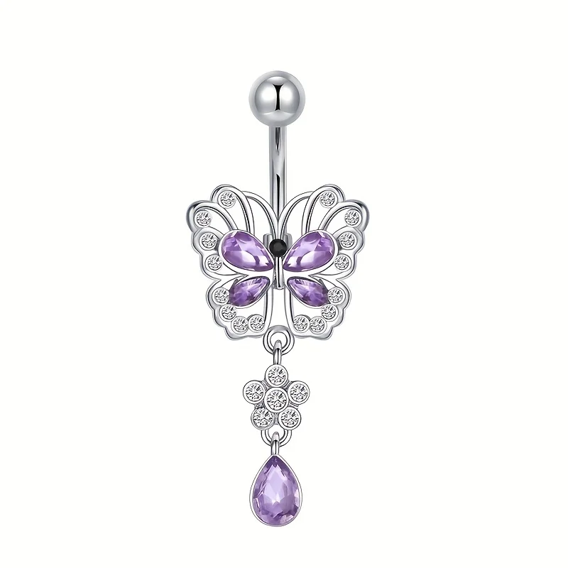 1-4pcs Belly Button Rings, Purple Heart Shaped Butterfly Cubic Zirconia Navel Rings, Body Piercing Jewelry, Holiday Gift