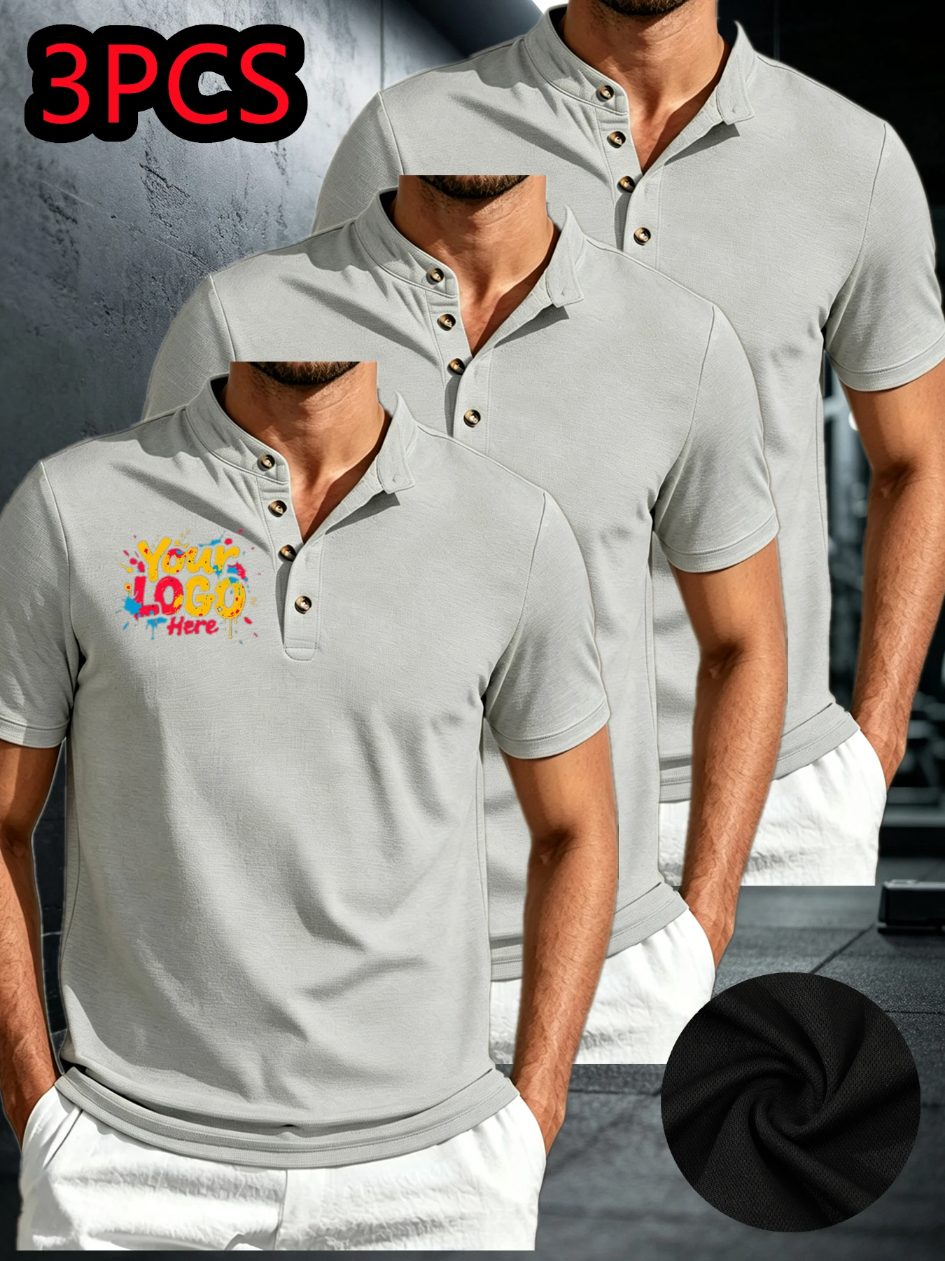 Customized 3-piece set of high-quality men's clothing. Men's casual polo shirt with a collar. Customized and personalized. Left