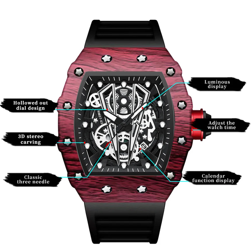 Dropshipping Mens Sports Quartz Watches Silicone Watchband Tonneau Shape Luminous Clock Male Hour Hollowed Out Relogio Masculino