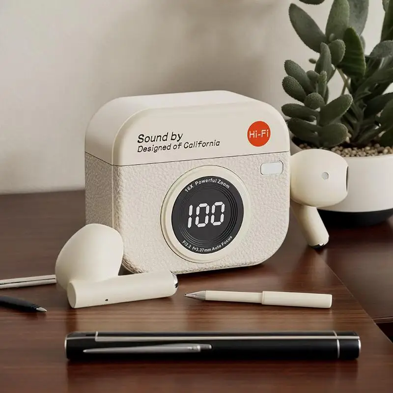 Sport Earbuds Compact Wireless Semi In-Ear Earphone Noise Cancelling Camera Charging Case Long Battery Life Earbuds For Adults