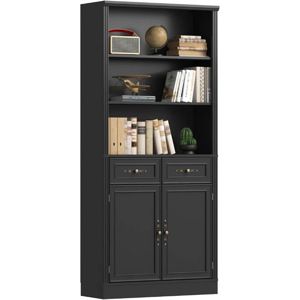 72'' Tall Bookcase with Doors and Drawers, Adjustable Shelves, P2 MDF Construction, 32'' Wide Freestanding Cabinet with Metal Ha