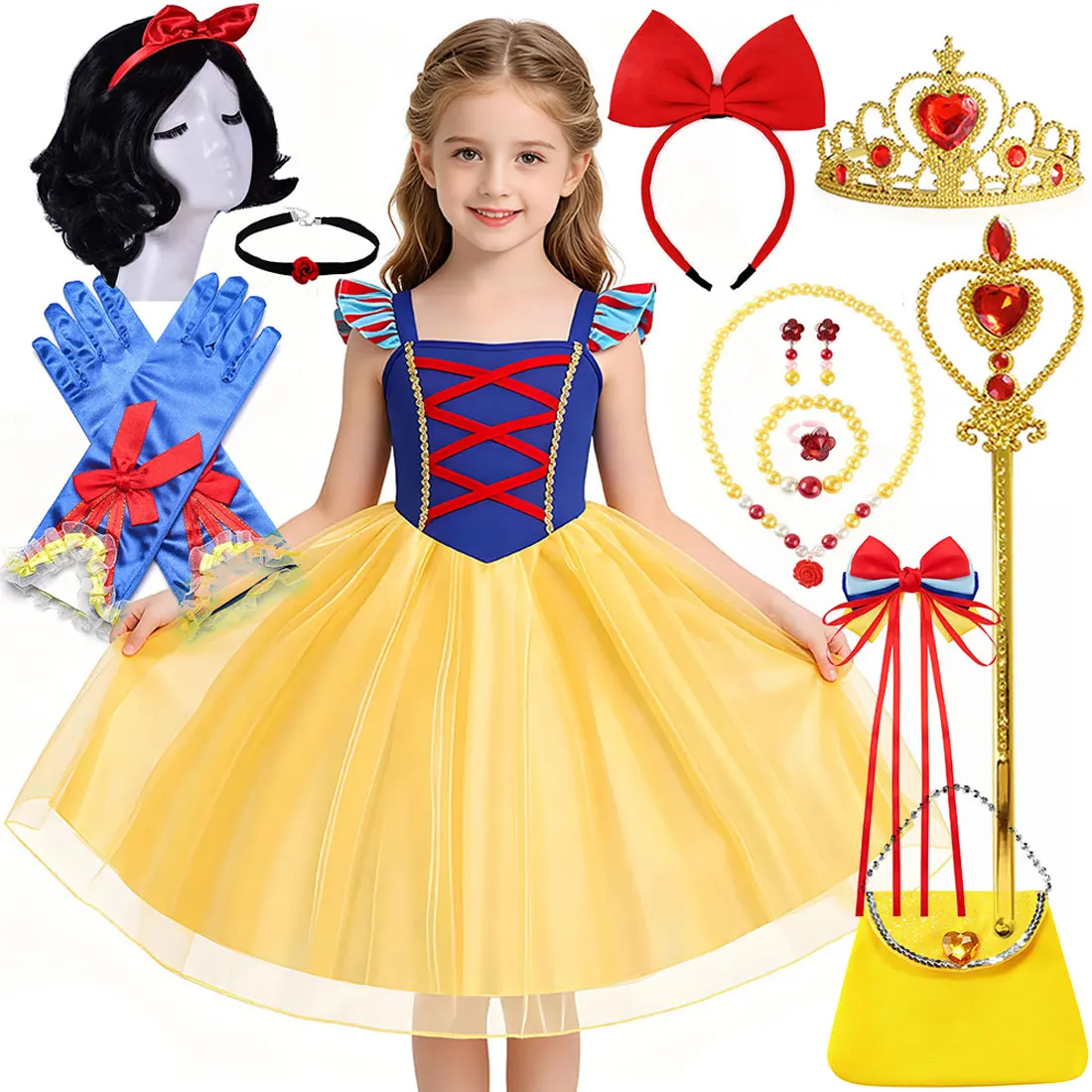 Classic Fairy Tale Snow White Cartoon Costume Girl Cosplay Snow White Halloween Holiday Party Carnival Costume Accessories Set