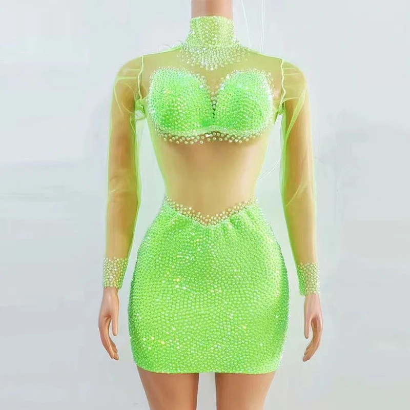 

Fluorescent Green Rhinestones Dress Sexy Mesh Singer Performance Costume Party Festival Evening Dress Drag Queen Clothes