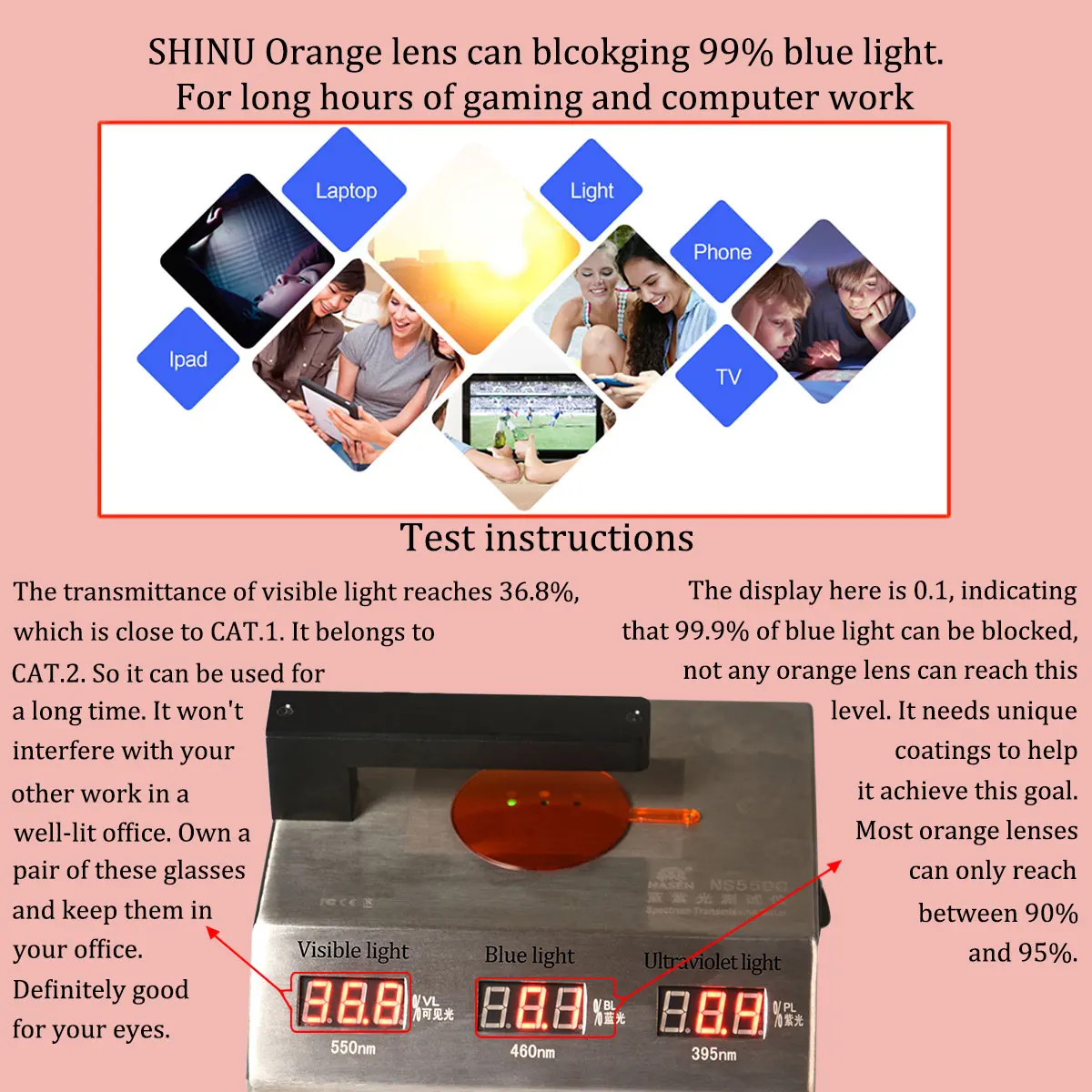 SHINU blue light blocking PC Red Orange lenses for better sleep Polarized yellow lens for driving night vision or resin lens