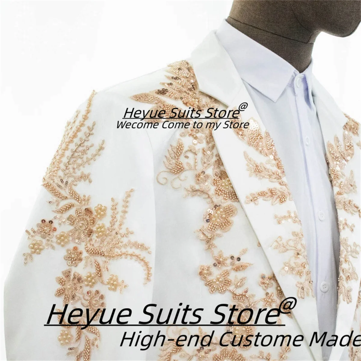 Luxuly Golden Applique Process Heavy Work Men Suits Customized Slim Notched Lapel Groom Wedding Tuxedos 2 Pcs Sets Ropa Hombre