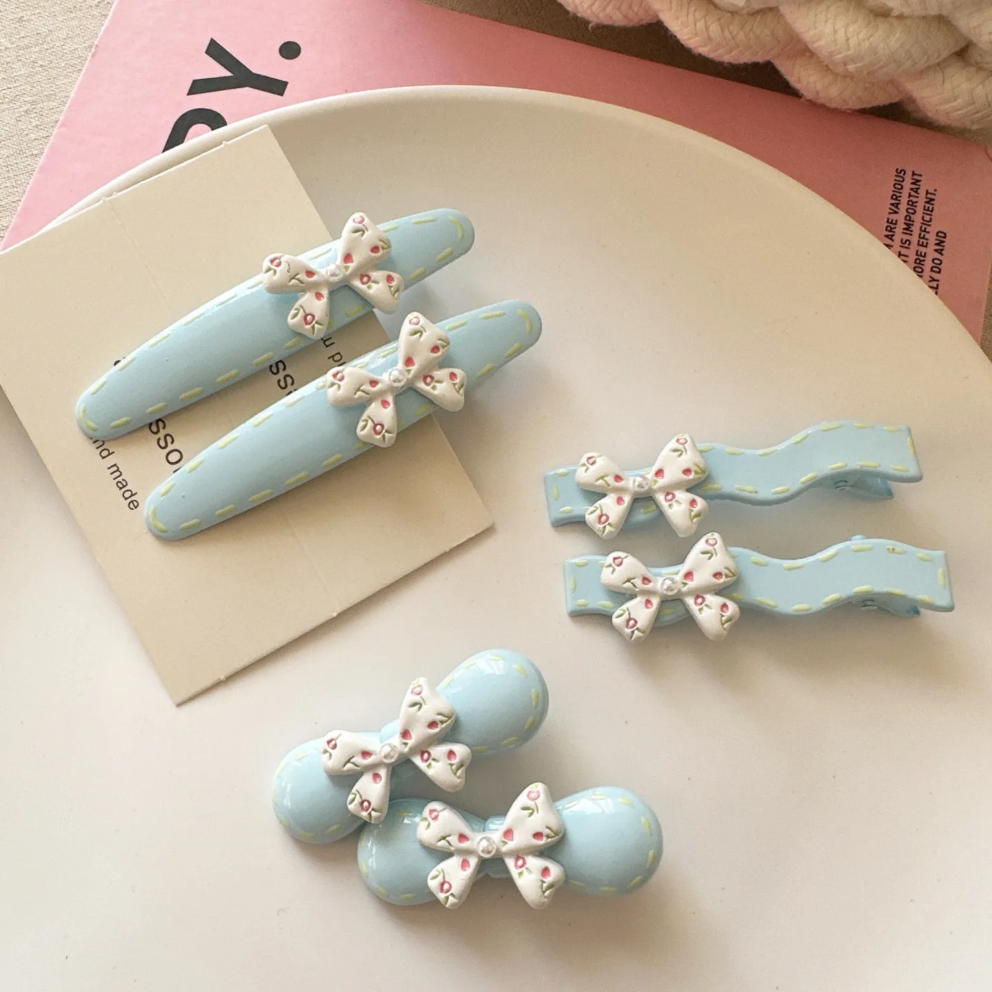 Cute Light Blue Small Floral Bow Hair Clip Side Clip for Bangs Sweet Korean Style Soft Fabric Daily Hair Accessory