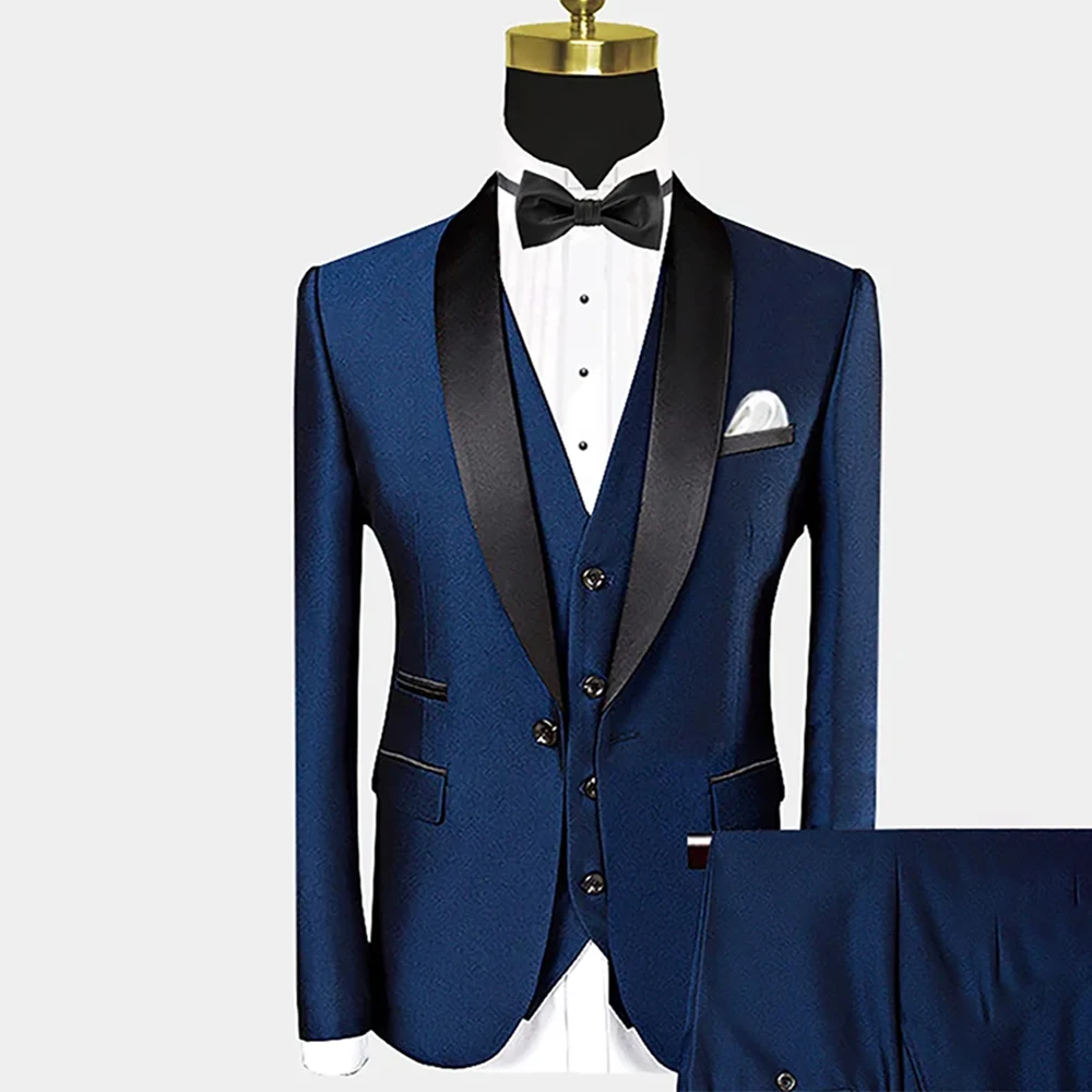 

Formal Men's Suit High Quality Tuxedo Elegant Wedding Single Button Satin-trimmed Shawl Lapel 3Pieces(Jacket+Vest+Pants) Set