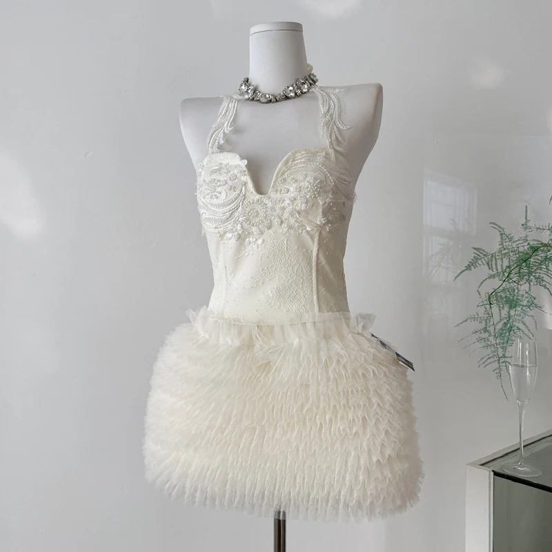 

Комплекты из двух предметов Вечерняя вечеринка Женская одежда Кружевные сетчатые укороченные топы с блестками и стразами Эластичная мини-юбка-пачка с высокой талией