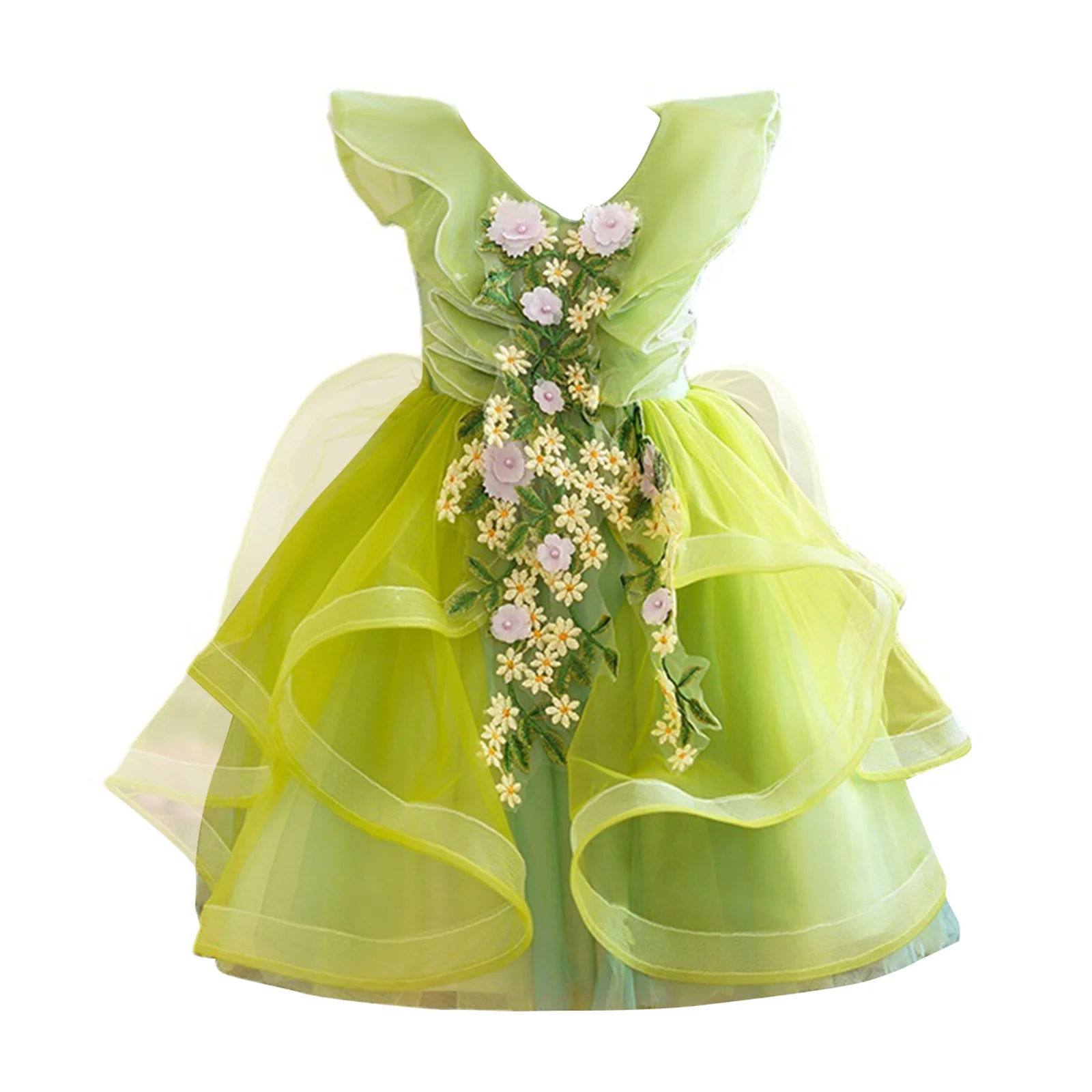 

Girls A-line Dress, Fly Sleeve Flowers Appliques Tulle Dress Summer Princess Dress for Birthday Party