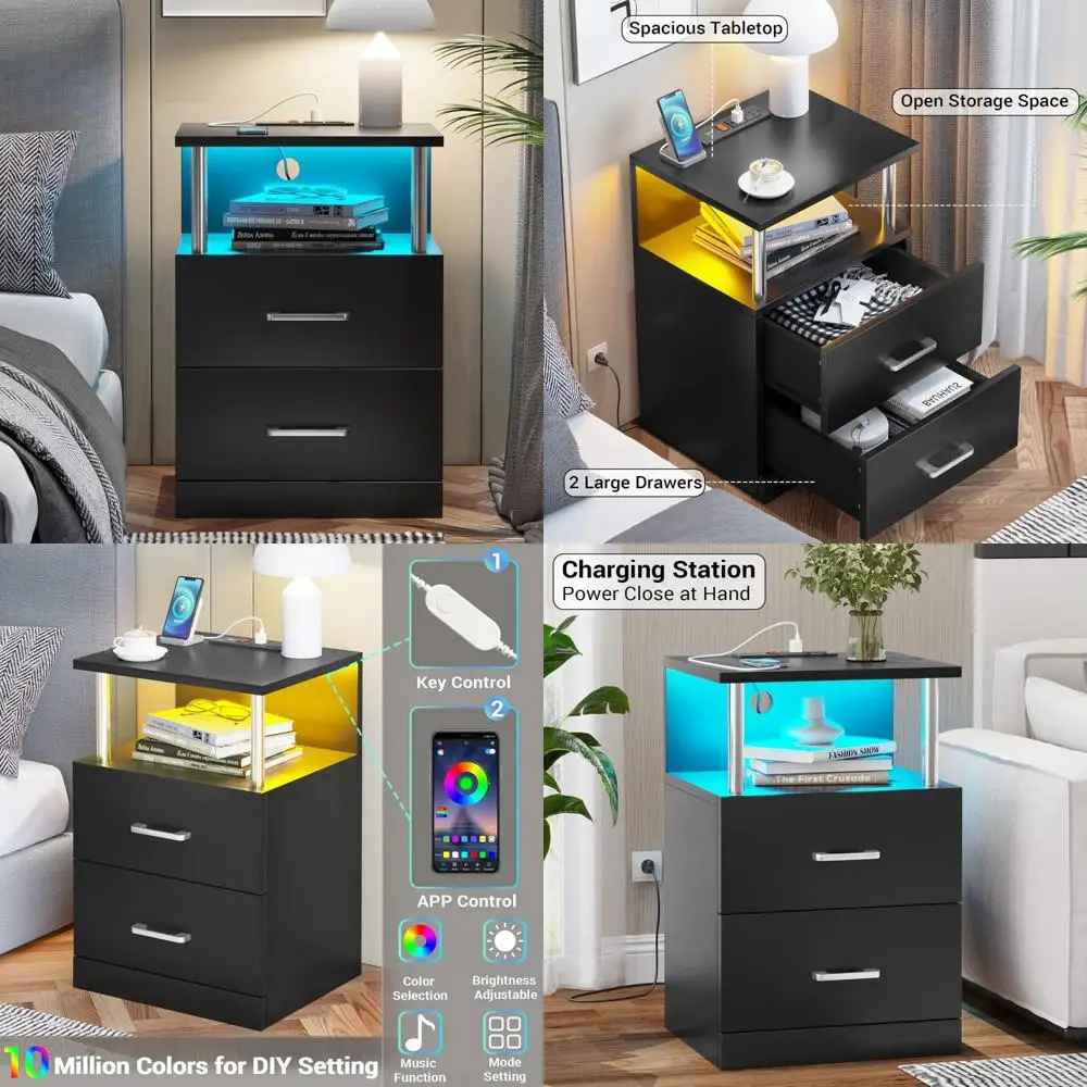 

led-lit charging station nightstand with open storage and dual usb ports