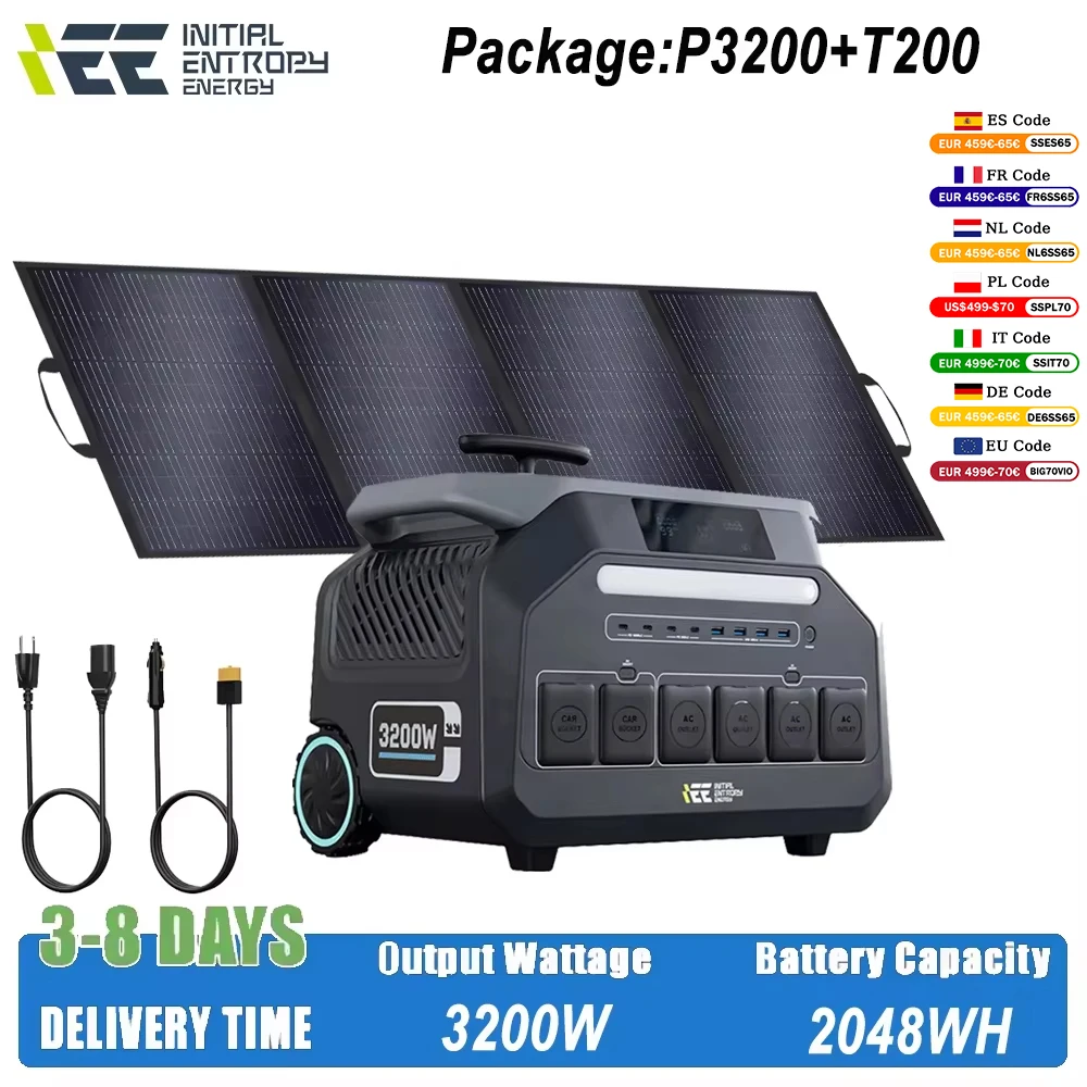 IEE 3200W Solar Power Station 2048Wh Portable Generator With 200W Folable Solar Panels AC220V Output LiFePO4 Battery For Camping