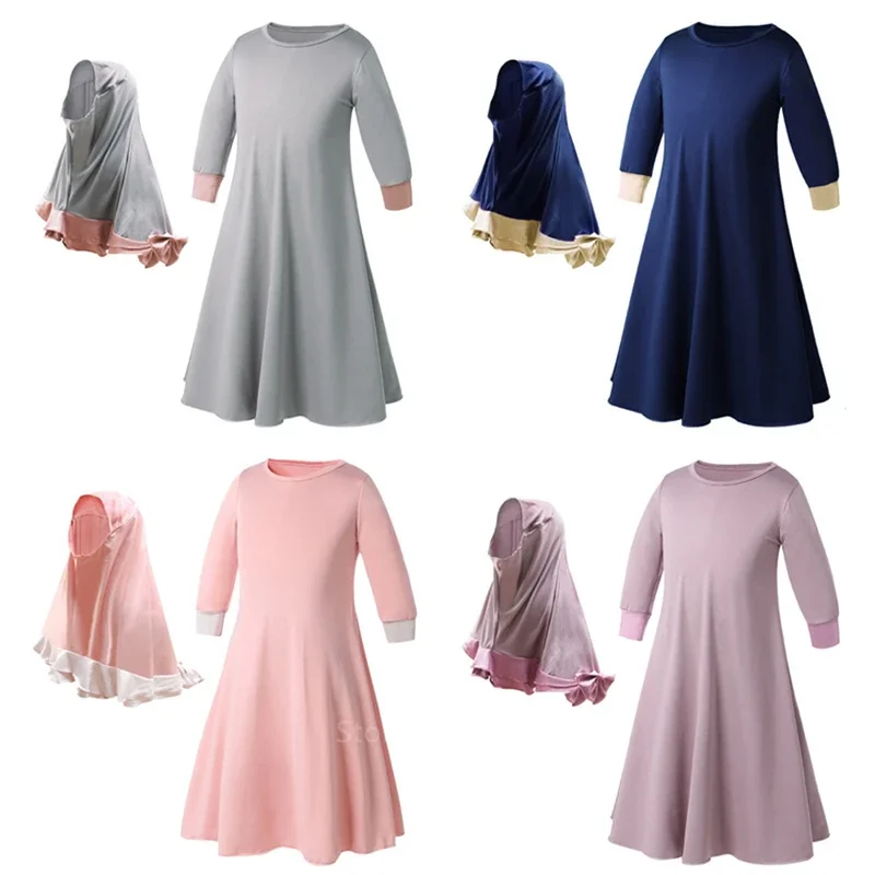 Muslim traditional clothing Islamic robe kids baby girls richer Saudi Arab Dubai solid abaya kaftan with ruffle bow hijab dress