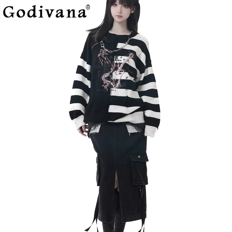 여성 일본 의상 스트라이프 비대칭 디자인 가을 겨울 스웨터 슬림 데님 스커트 세트 여성용 블랙 로리타 세트