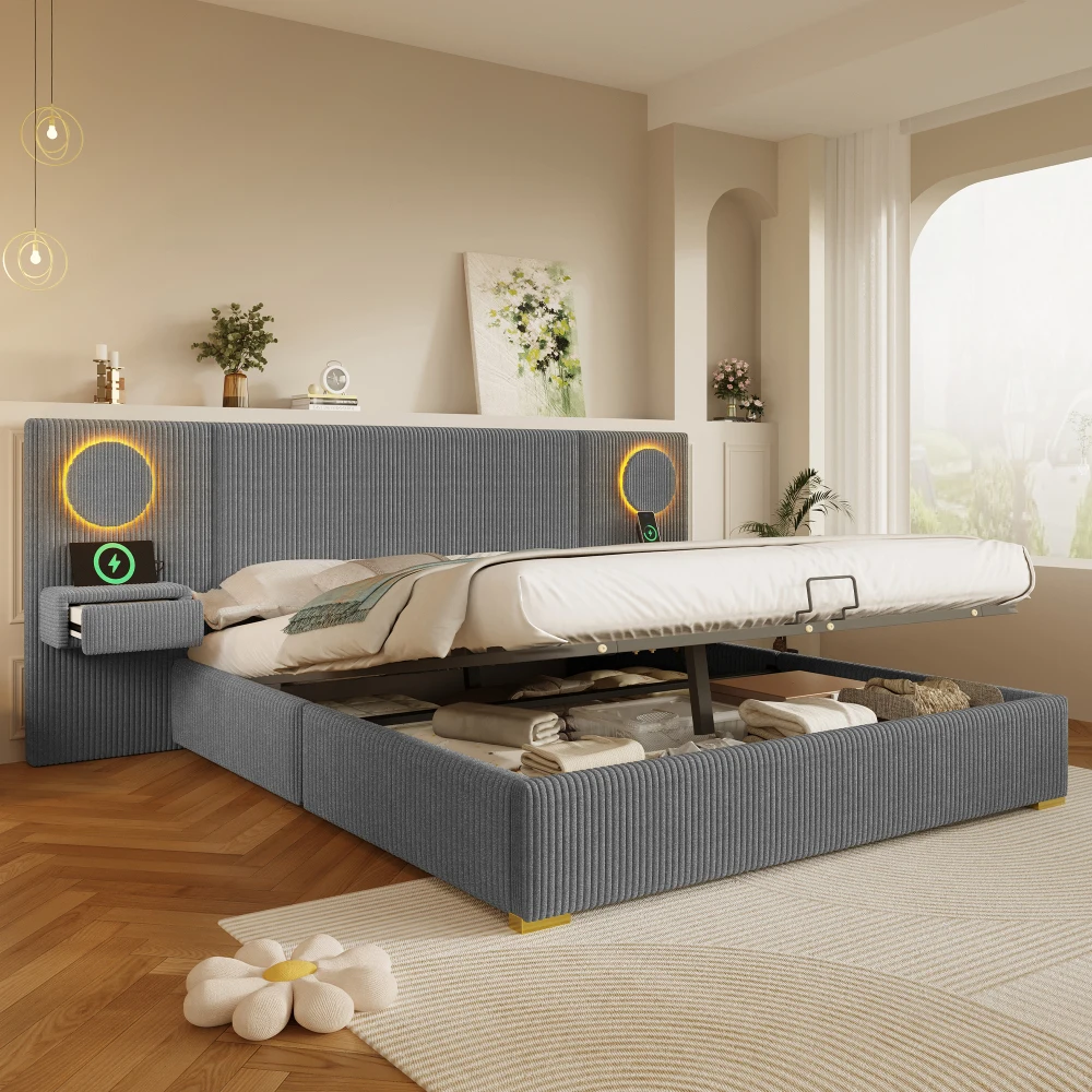 Samt-Ottoman-Bett 180x200cm mit hydraulischem Stauraum, Doppelbett mit Gasdruckfeder-Unterbettstauraum, intelligentem Kopfteil, weich gepolstertem Samt-Bettgestell für das Hauptschlafzimmer,