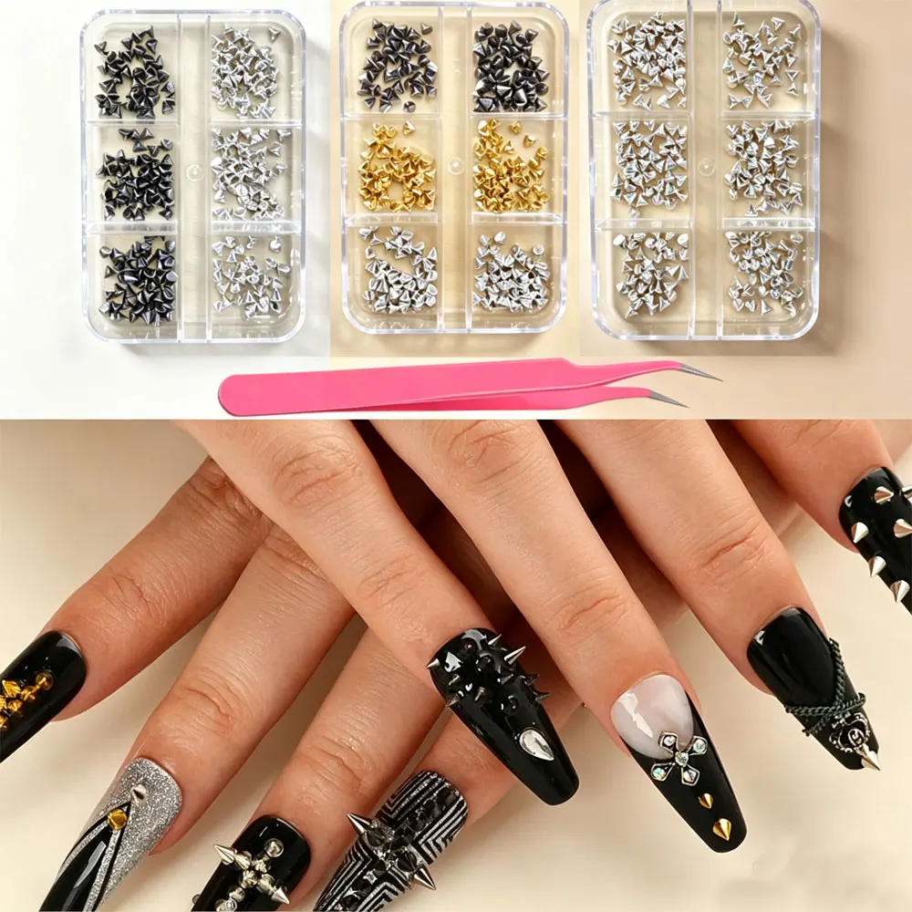 2Pcs/set Punk Flat Bullet Nail Rivets 1 Box Metal Cone Spike Studs With Nail Art Tweezers Gothic Dark DIY Nail Decoration