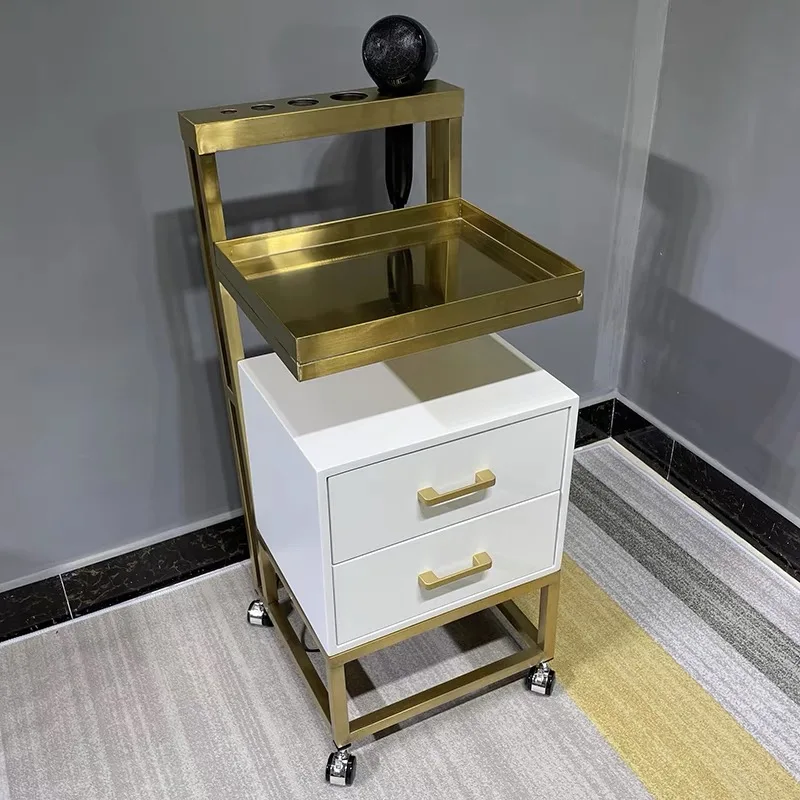 Luxury stainless steel metal gold plated salon barber trolley with directional wheels for barber shop