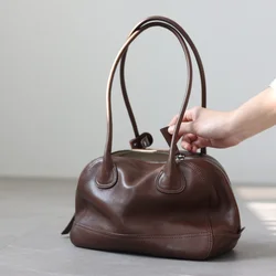 Women's Luxury Genuine Leather Vintage Zipper Handbag Small Size Tote Real Cowhide Singel Shoulder Bags