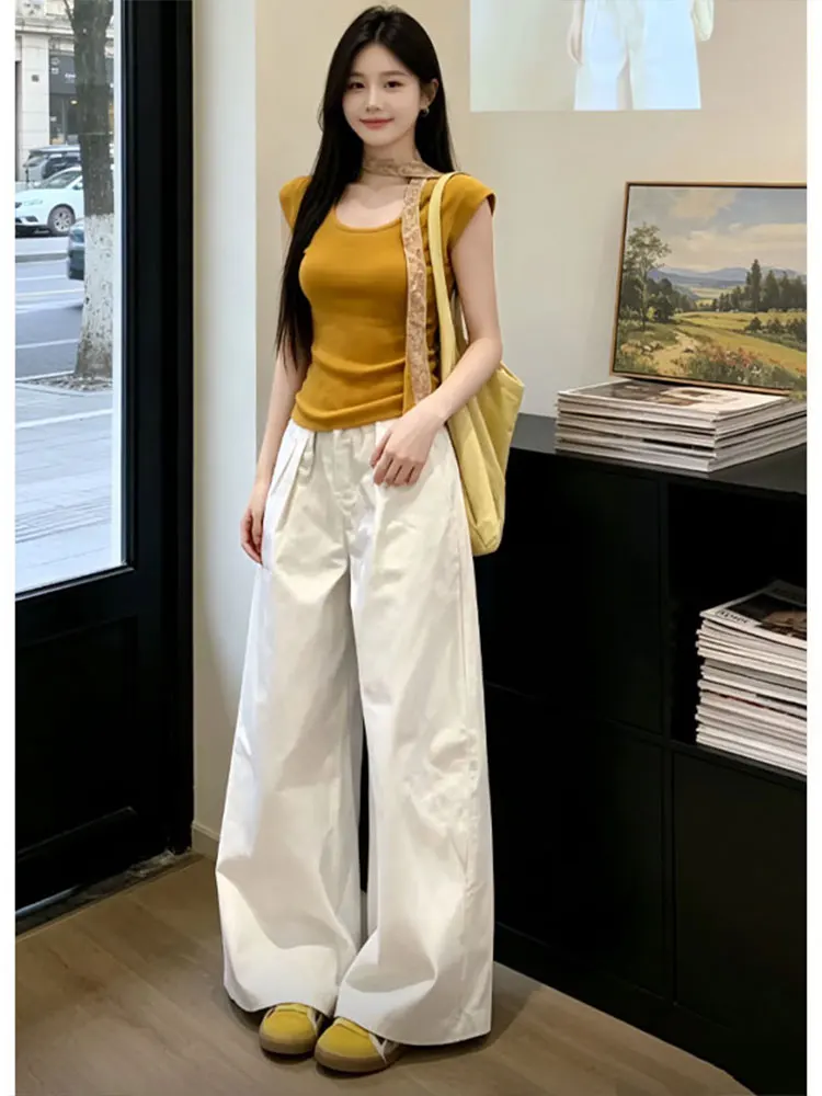 

Summer Fashionable Women's Knitted Set Slimming Waist High Waist Wide Leg Pants Sleeveless Casual Style Two Piece Suit