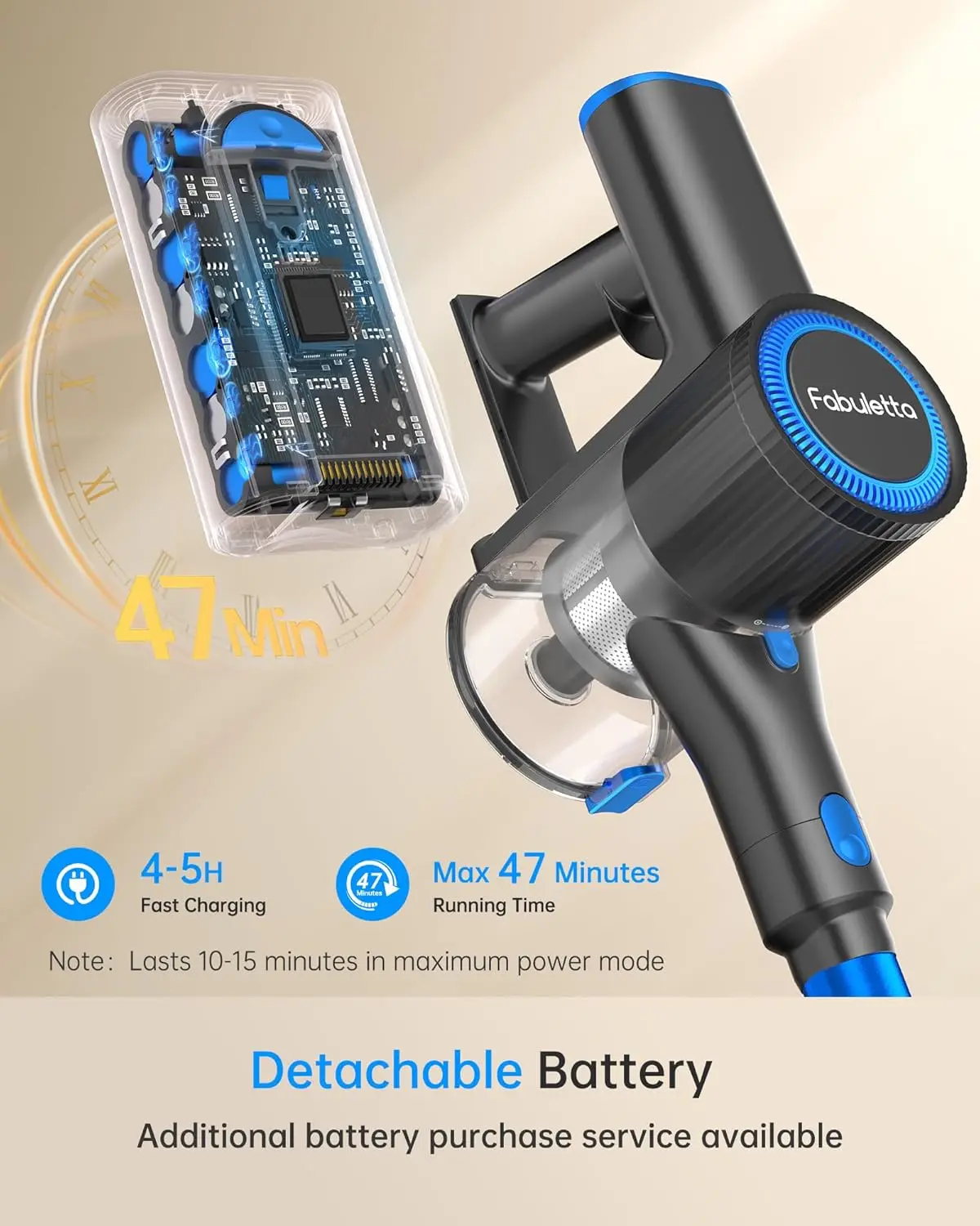 Draadloze stofzuiger voor thuis, 400 W lichtgewicht stofzuiger met MAX 47 min afneembare batterij, borstelloze motor, 6 in 1 Sti