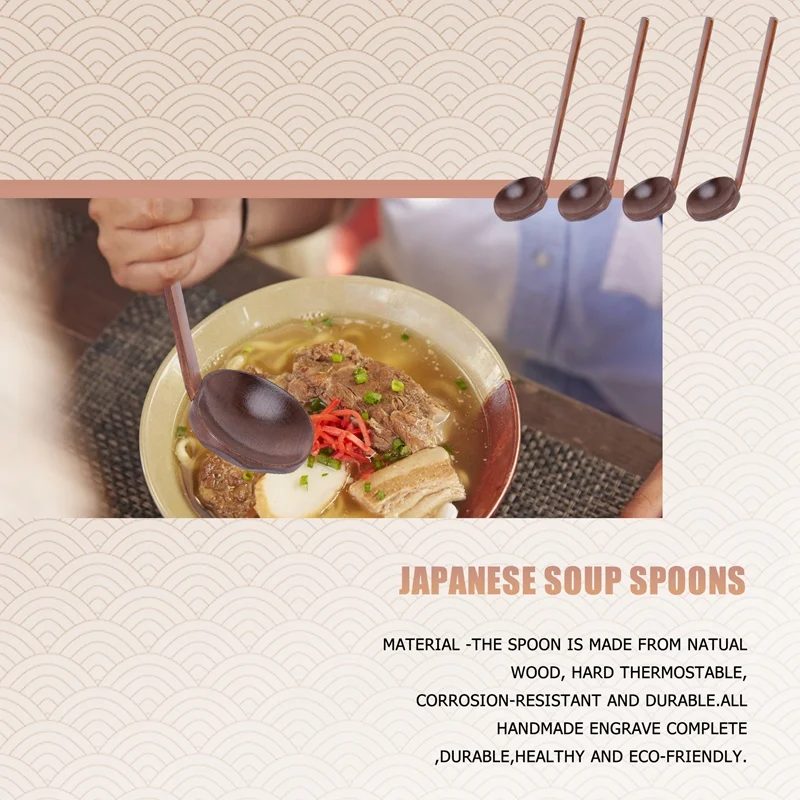 Cucharas de sopa japonesas, juego de utensilios de madera hechos a mano con ramen japonés de 8,5 pulgadas