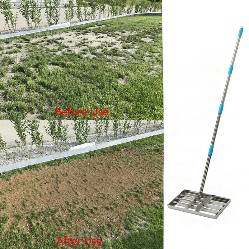 Adjustable Lawn Leveling Rake Stainless Steel Pole Garden Grass Finishing Soil Leveling Tool for Yard Golf-Lawn
