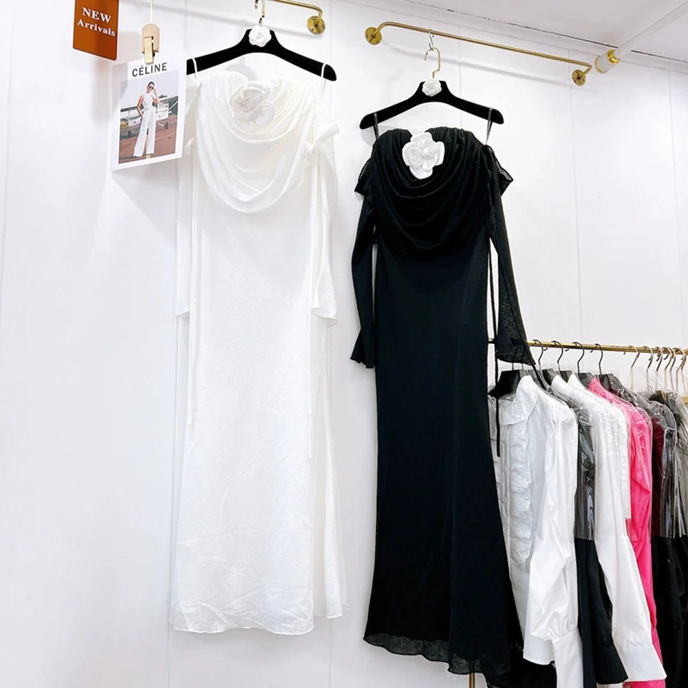 

Niche one-shoulder long-sleeved floral decorative design slimming tube top long dress-GZXX375