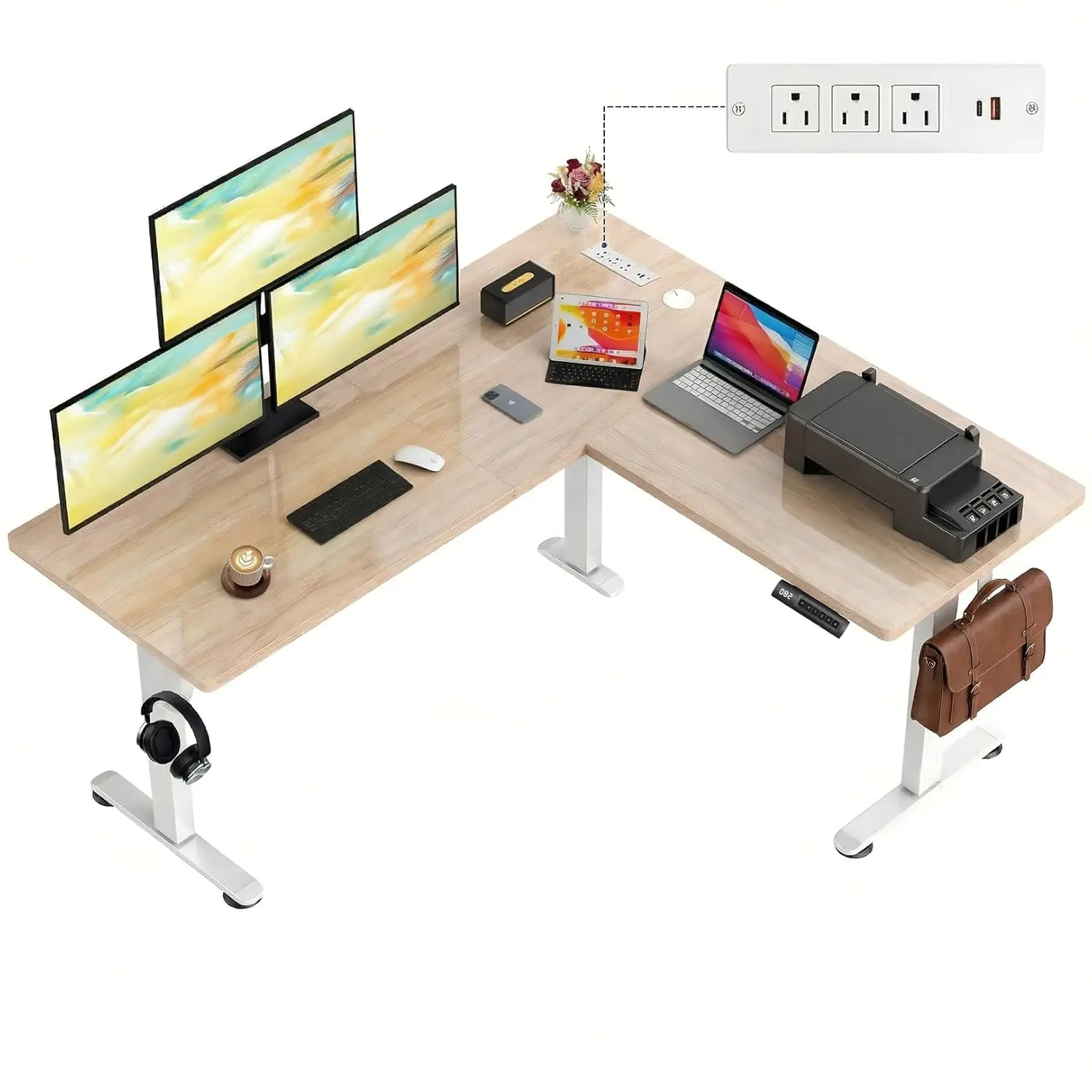 

63x55 L Shaped Electric Height Adjustable Desk Outlets Mouse Pad Hook Office Gaming Workstation Oak Grey Customized