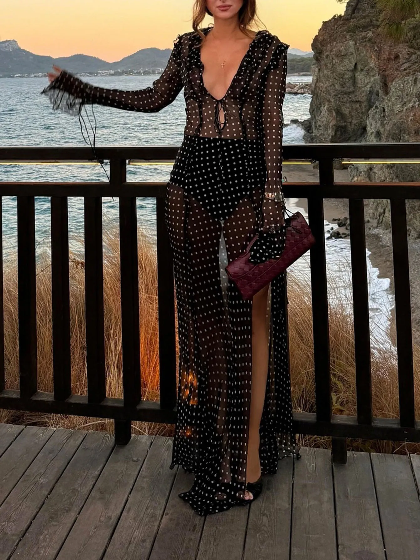 Vintage Damen Maxikleid mit Polka-Dot-Muster, transparentem Mesh, Rüschen, ausgestelltem Schnitt, langen Ärmeln, zum Binden, hohem Schlitz, durchsichtig, Strandclub-Party-Cover-up – Detail 4
