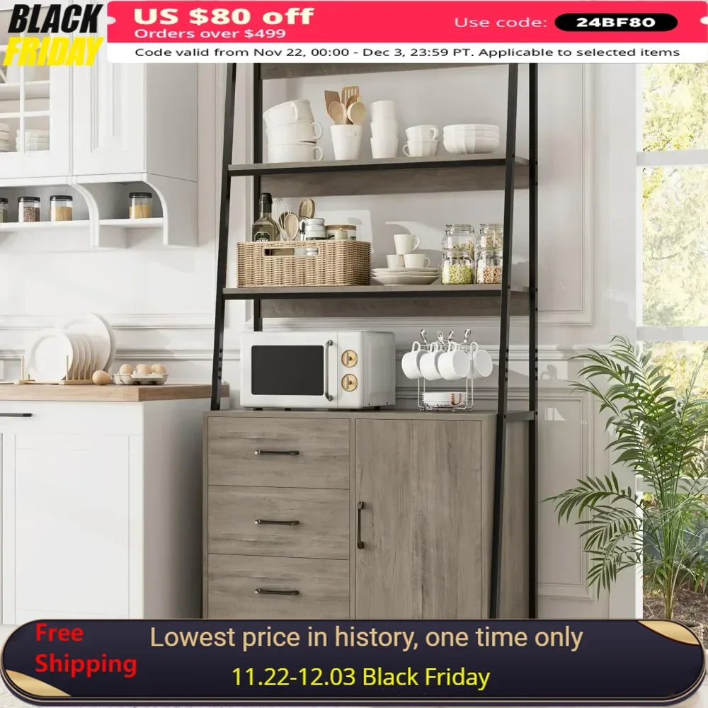 

69" Tall Bookshelf, 4-Tier Bookcase with Wooden Drawers and Ladder Shelves, Free Standing Storage Cabinet Kitchen Bakers Rack