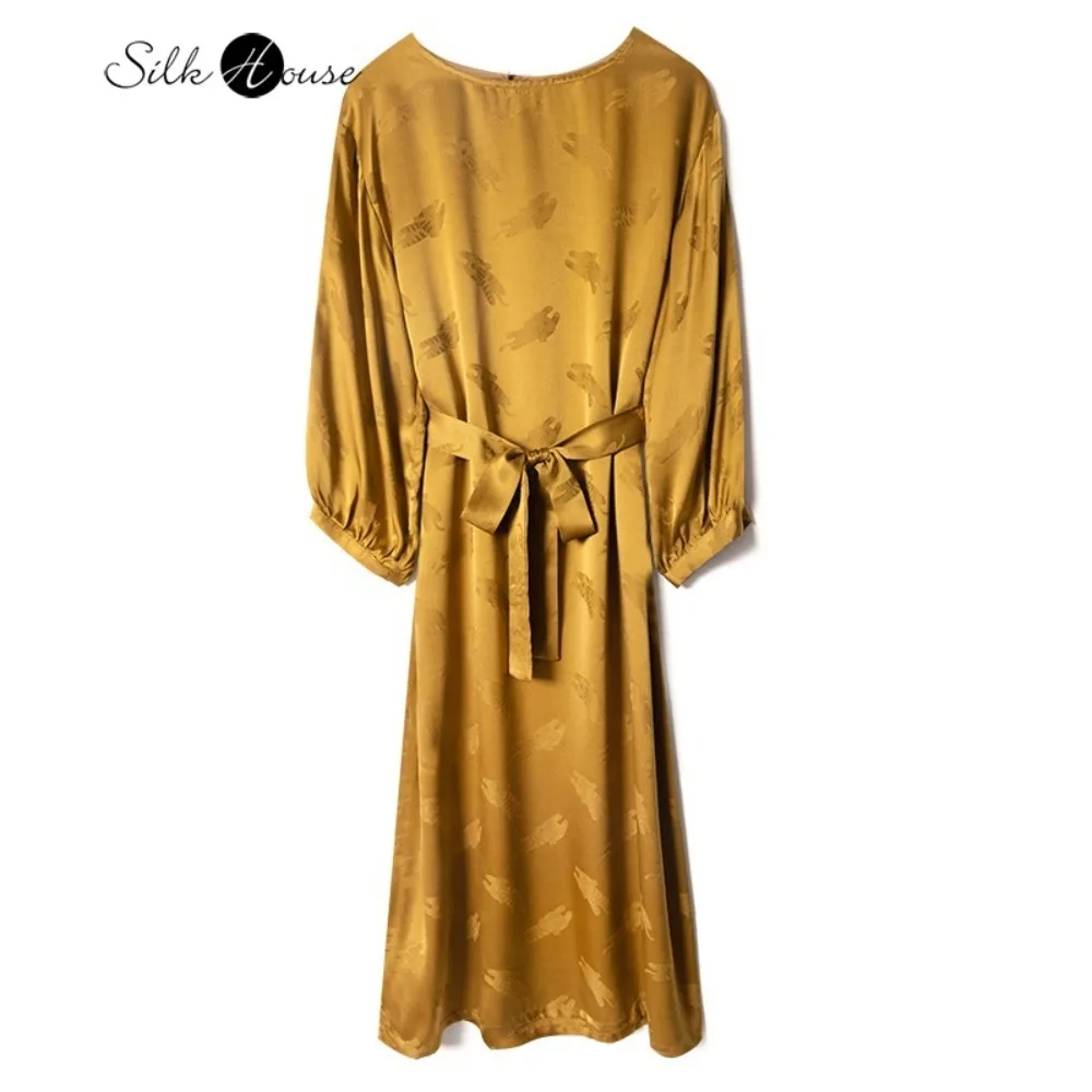 

Brown Gold Tiger Jacquard 100% Natural Mulberry Silk Satin Women's Fashionable Round Neck Lantern Long Sleeved Belt Dress