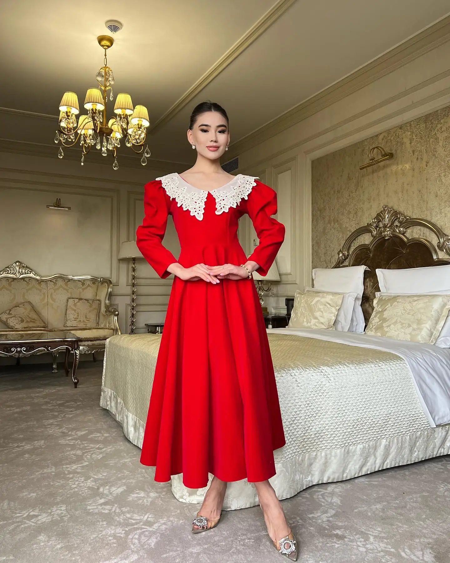 Customized Delicate Jersey Evening Dresses Temperament Long Sleeves Scoop Cocktail Dress Custom Size Bespoke Occasion