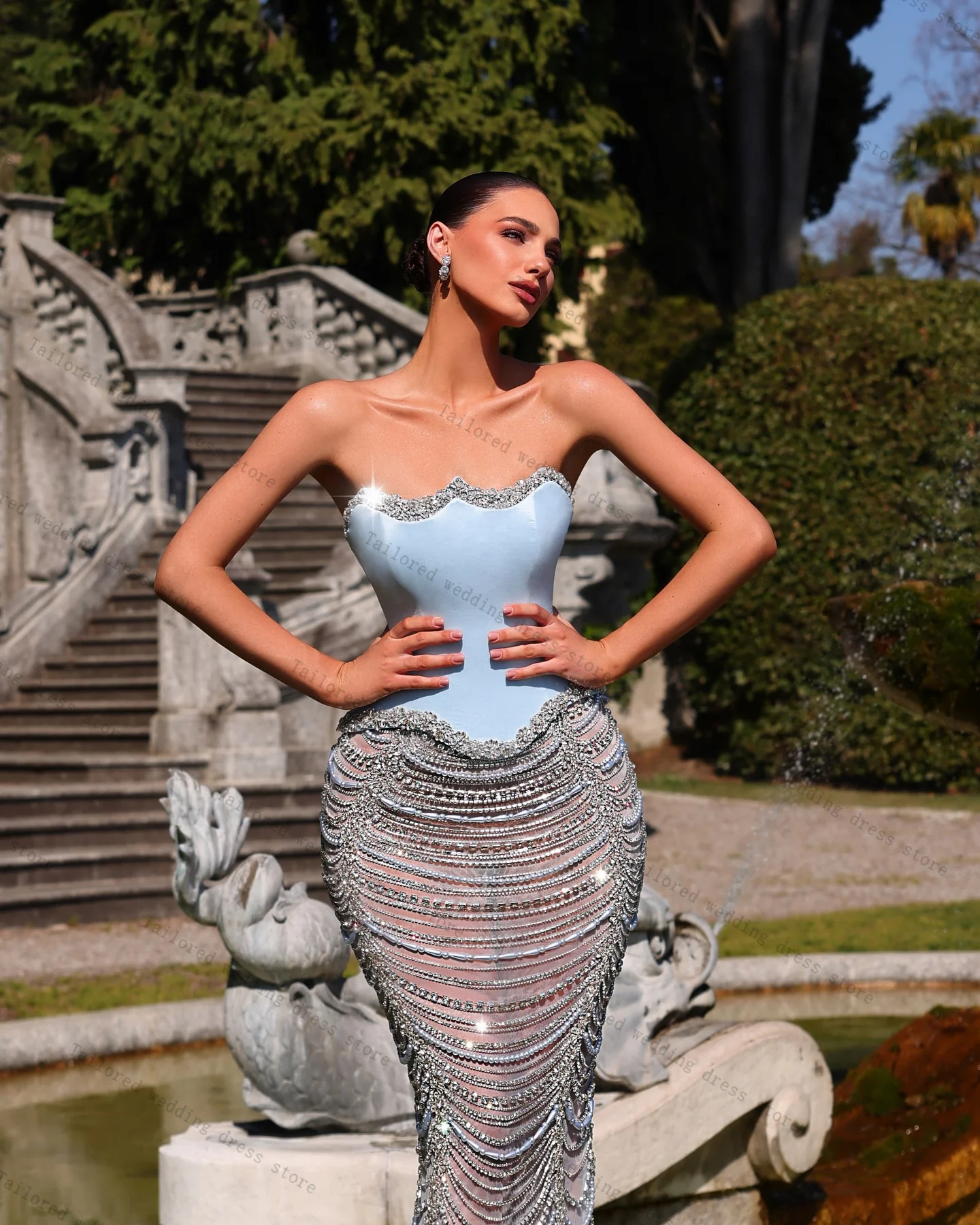 Luxury Blue Mermaid Women Prom Dresses Crystals Beaded Sexy Strapless Sleeveless Bridal Gown Customized Lace Up Back Robe