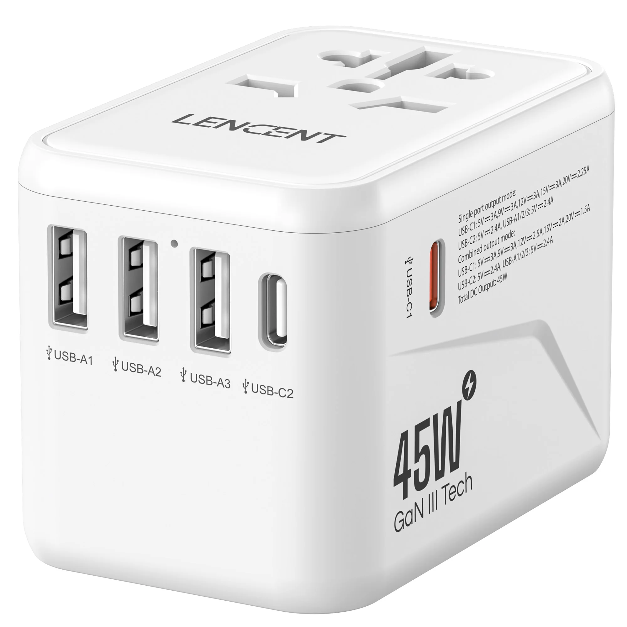 LENCENT 65W/45W/30W GaN Universal Travel Adapter with USB-A and Type C Fast Charging Power Adapter EU/UK/USA/AUS Plug for Travel