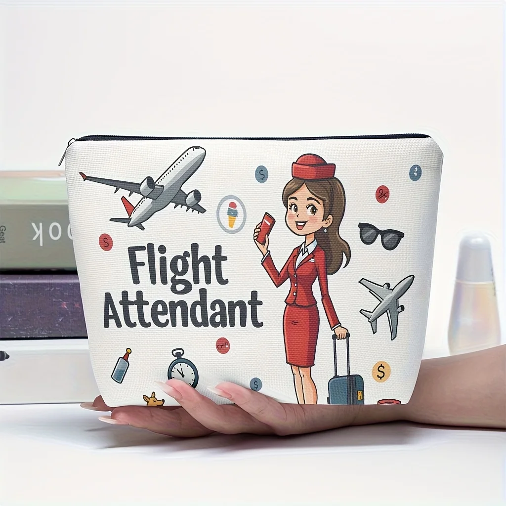 Stewardess Makeup Bag Double-Sided Airplane Flight-Themed Design Lightweight Zippered Cosmetic Toiletry Travel Bag Makeup Bags