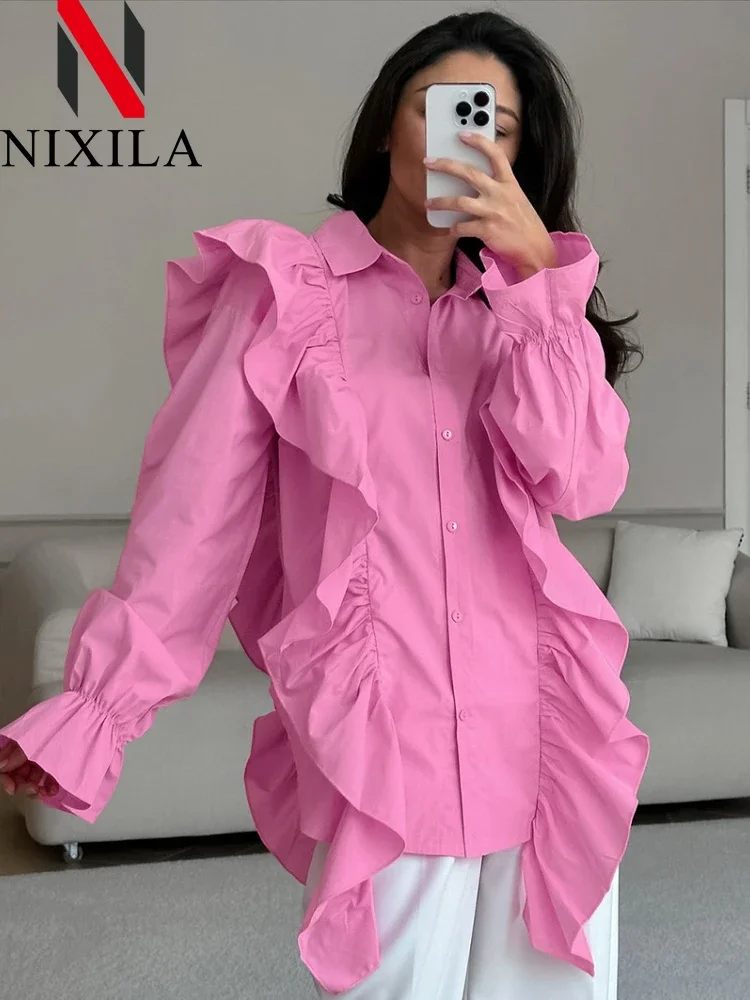 ربيع الخريف أزياء المرأة قميص كشكش حافة المتخصصة تصميم الشعور الإناث طويلة الأكمام قمم فضفاضة أنيقة المرأة بلوزة الملابس
