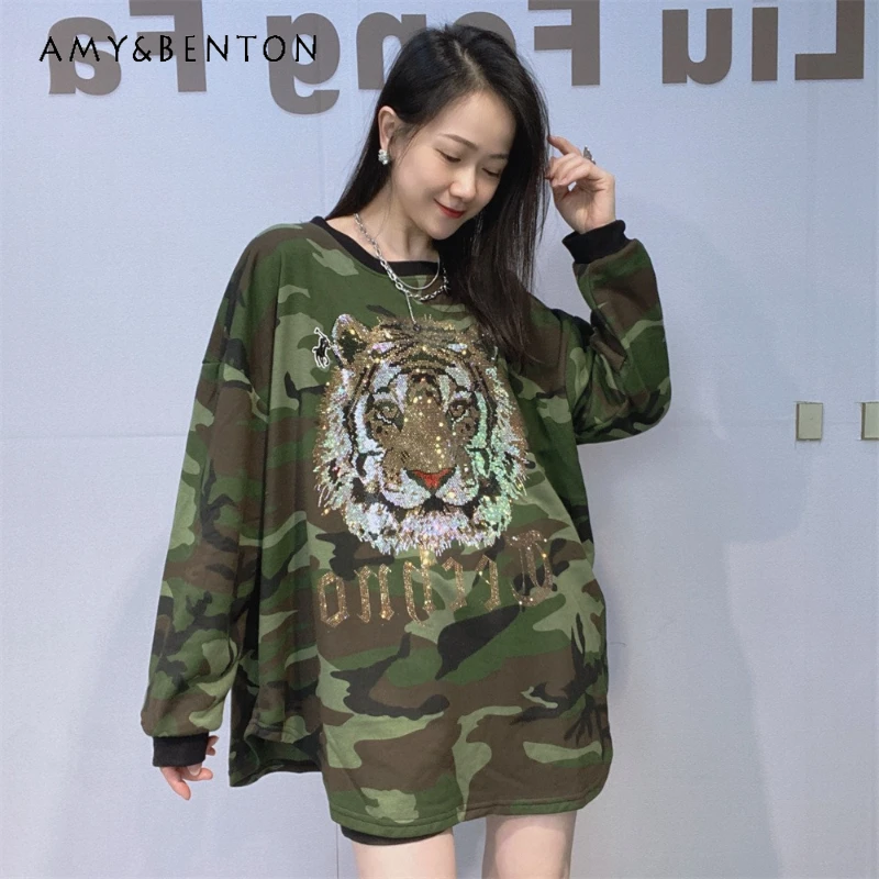 

Fashion Women's Heavy Industry Rhinestone Casual Versatile T-shirt Oversized Hoodie Camouflage Long Sleeves Top Tshirts Pullover
