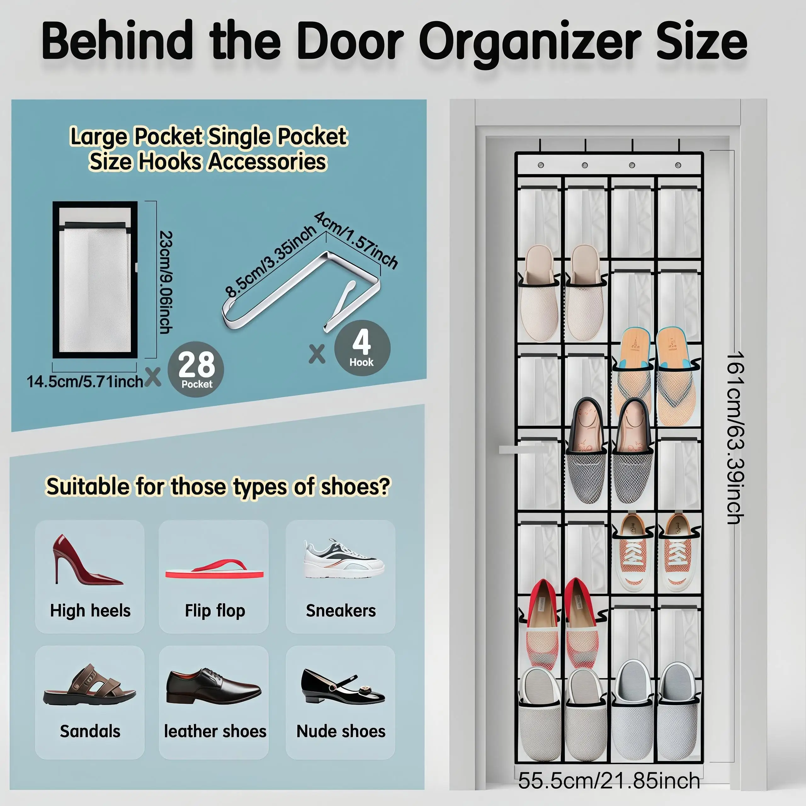 28 Pockets Over The Door Shoe Organizer Large Capacity Hanging Storage Bag Space Saving Closet Shoe Rack with 4 Metal Hooks Wardrobe Wall Hanger Pouch for Home Bedroom Organization White view 2