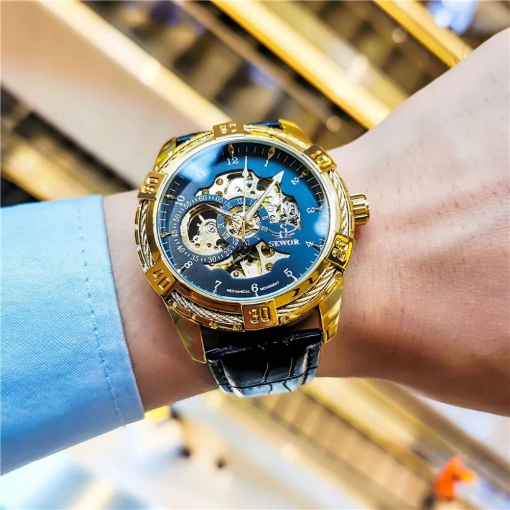 Automatic Mechanical Watch with Double-Sided Hollow Design for Men, Waterproof, Luminous, Leather Strap Watch, High-End Business, Simple, Fashionable, Trendy Wristwatch, Best-Selling Watch, the Best Gift for Him
