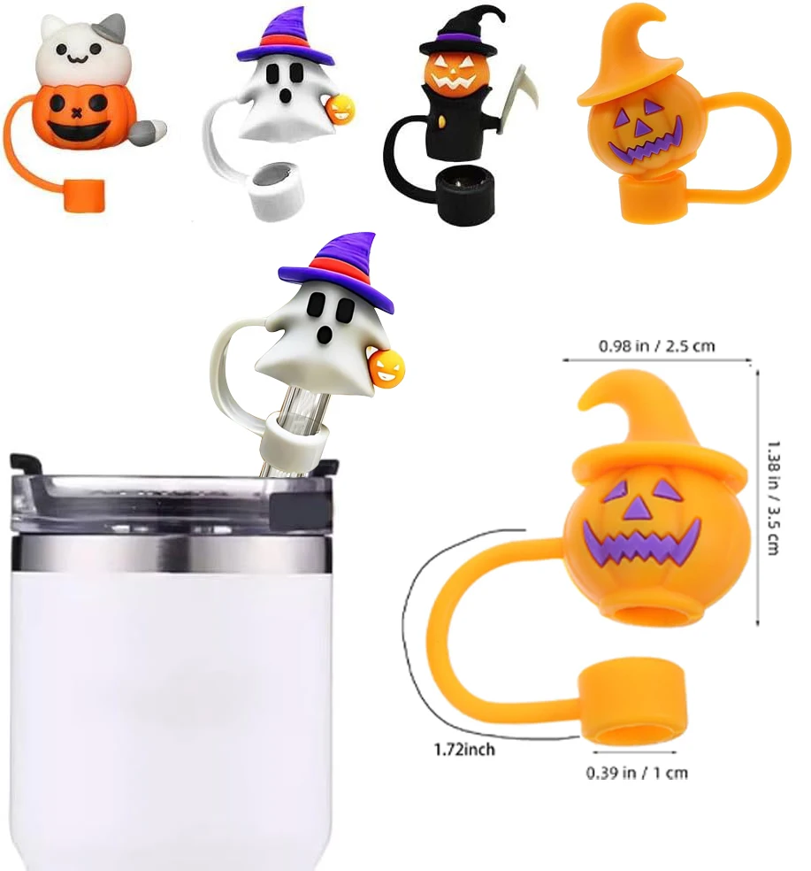 4Pcs Halloween Straw Covers Caps for Tumblers, 10mm Dustproof Straw Toppers for Stanley Cups 30 40 Oz, Cup Topper Accessories