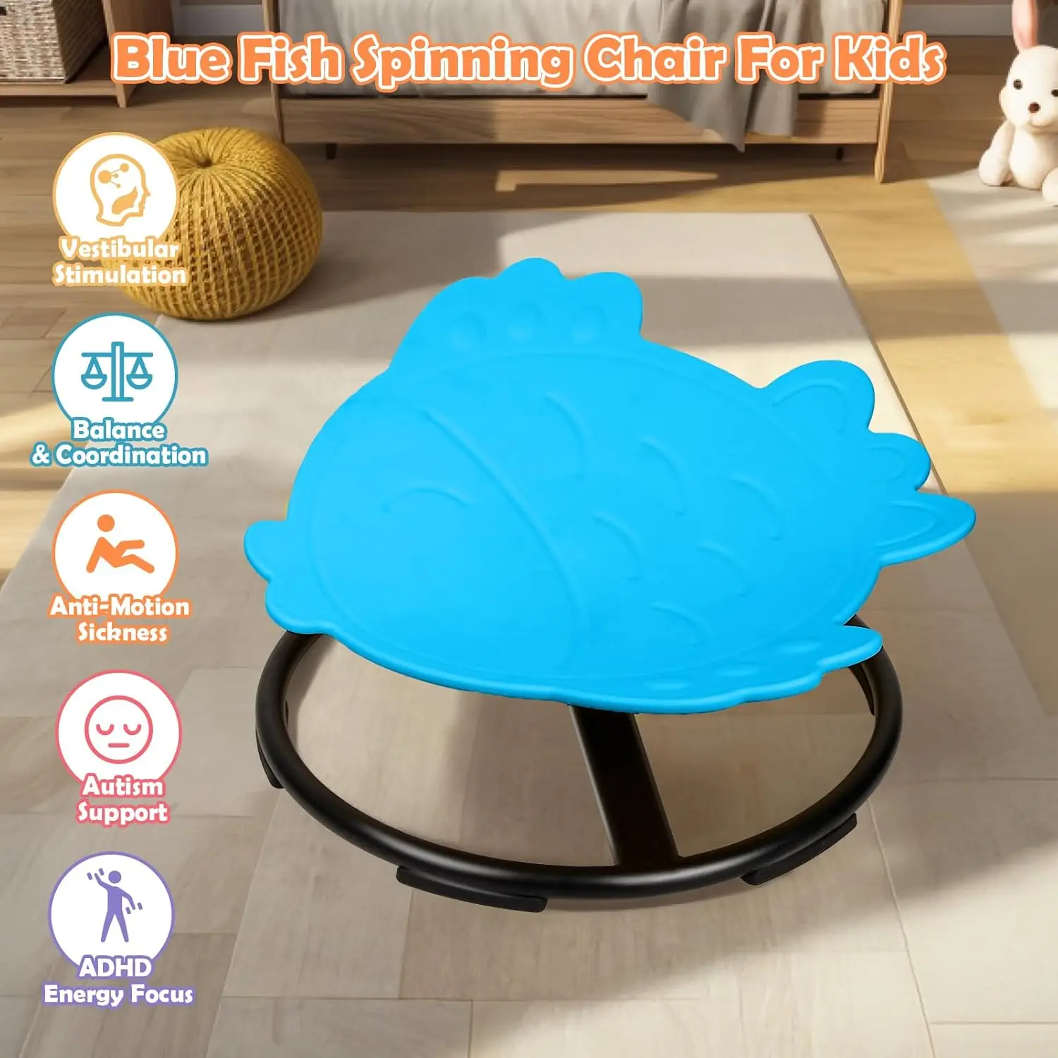 Kids Spinning Chair, Blue Fish Sensory Swivel Chair for Autism & ADHD Balance Training