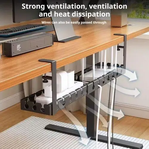 Imagen 2 del producto Estante de almacenamiento debajo de la Mesa, bandeja de gestión de cables de Metal sin perforaciones, organizador de cables para escritorio de oficina en casa, almacenamiento de regleta retráctil
