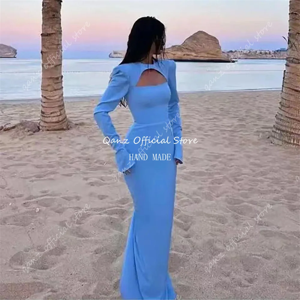 Qanz Elegant Black Satin Arabia Prom Dresses Mermaid Long Sleeves Formal Evening Dresses Women Party Gowns 2024 Customized