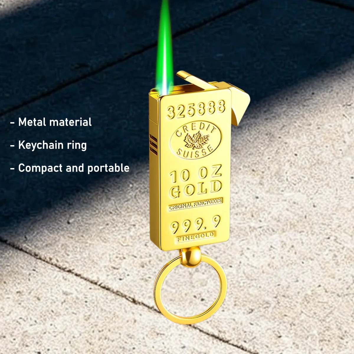 Keychain Lighter Gold Bar Pendant Inflatable Direct-Inject Windproof Green Flame Lighter Metal BodyCompact and Portable Gift