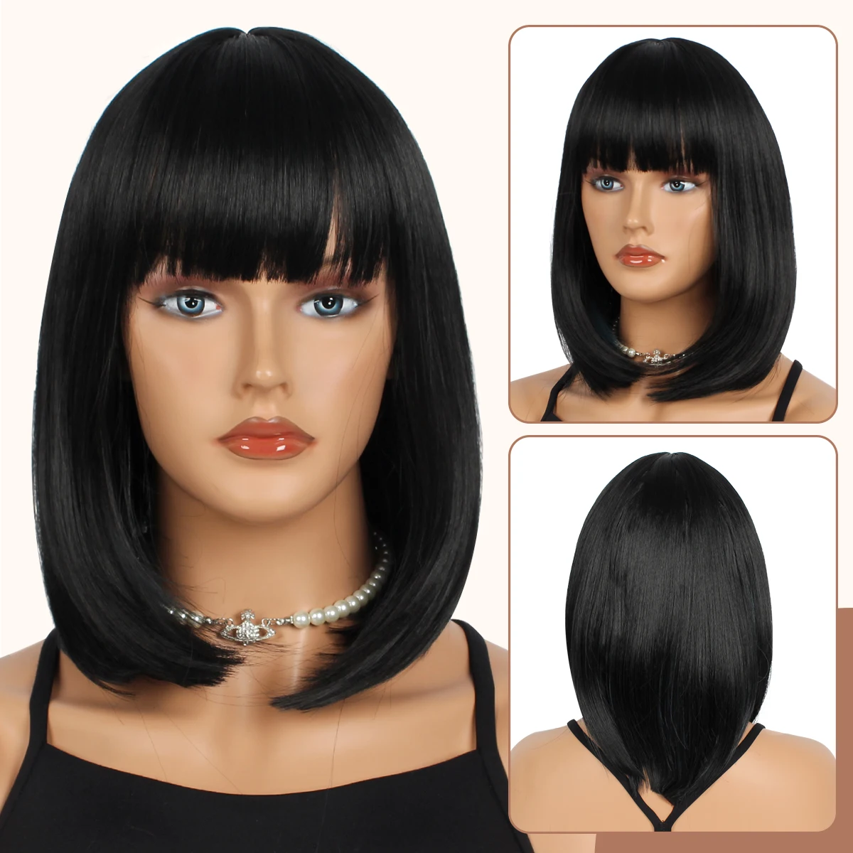 

Short Bob with Bangs, High Temperature Fiber, Rose Net Cap, 130% Density Straight Black Hair, Durable & Glueless for Daily Wear