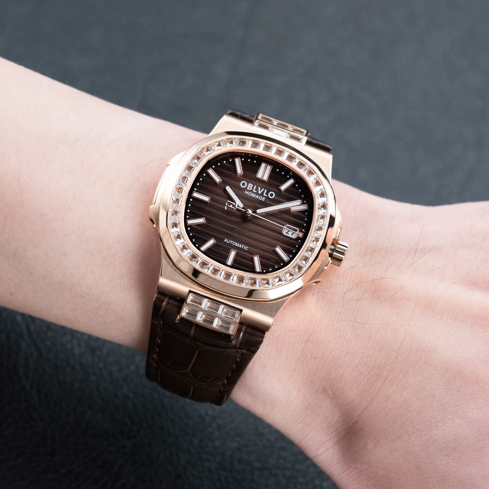

OBLVLO Men's Ultrathin Automatic Watch 8.8mm Rose Gold Case Diamonds Brown Dial Date Miyota 9015 Square Style FM-ATD