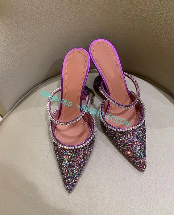 Glitter Pointy Toe Crystal Sandals Luxury Slip on Flared Statement Heels Sandals Women New Dress Party High Heel Mule Shoes