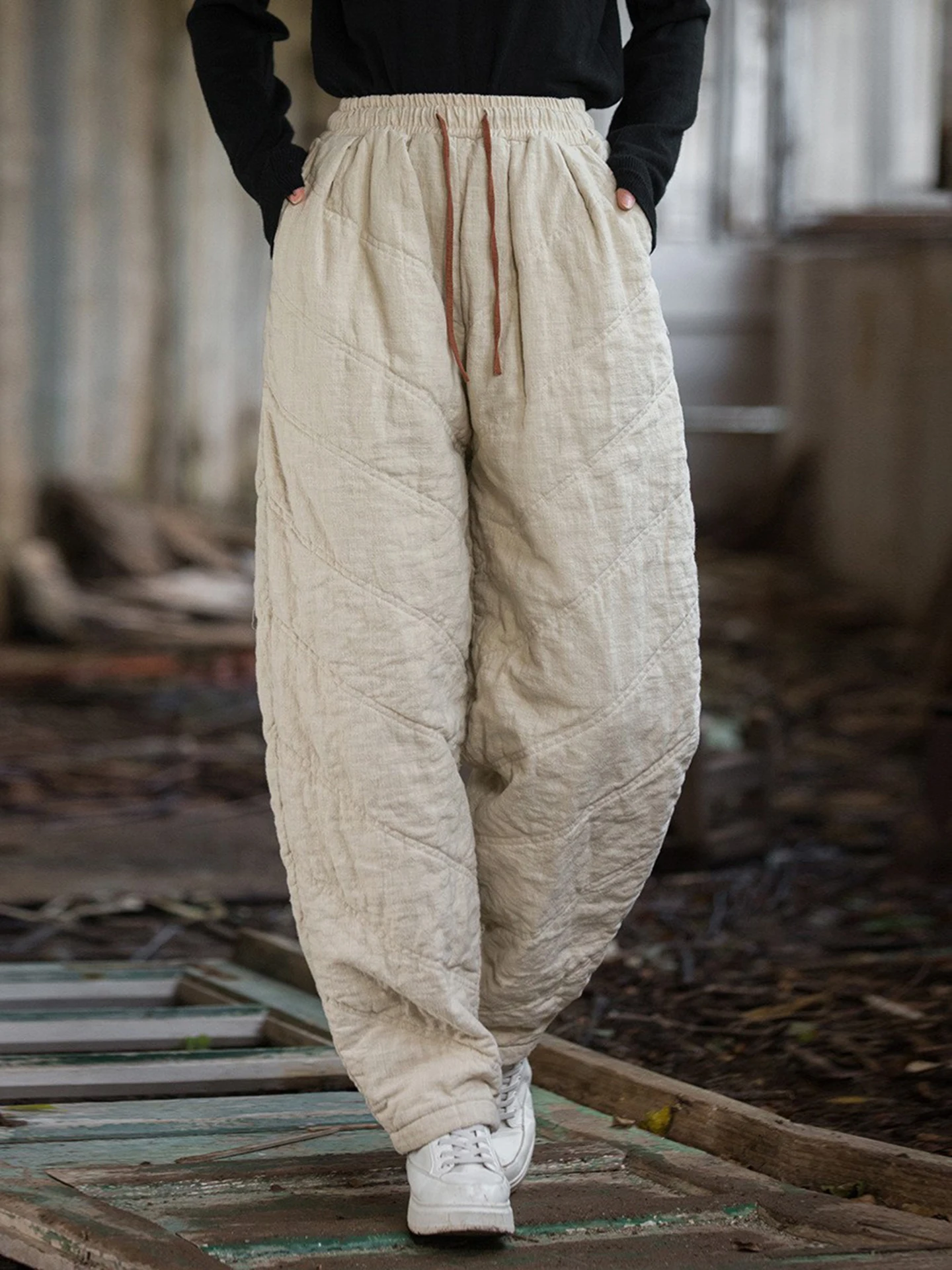 High-End Hemp Long Pants Women's Thickened Quilted Cotton Lined Artistic Style Warm Autumn Winter New Arrival Versatile Pants